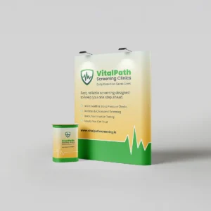 Straight pop-up exhibition stand with branded graphics