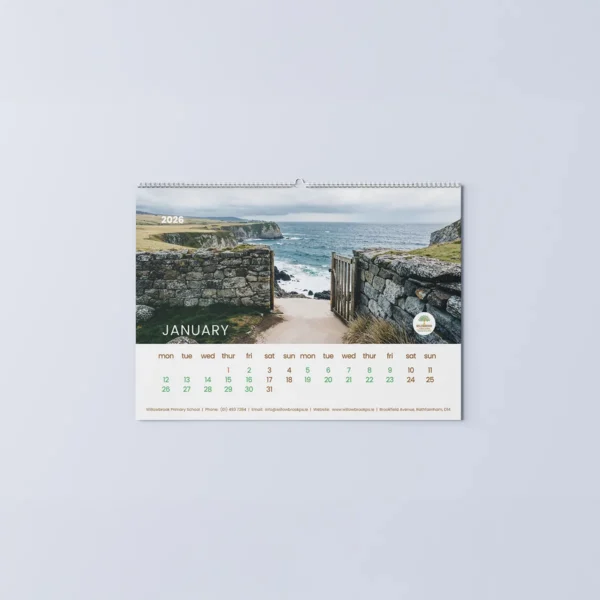 Wire bound landscape calendar with custom design