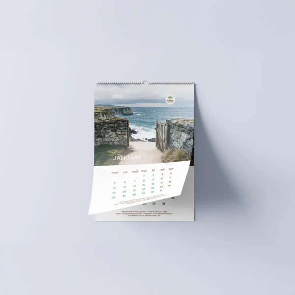 Wire bound landscape calendar with custom design