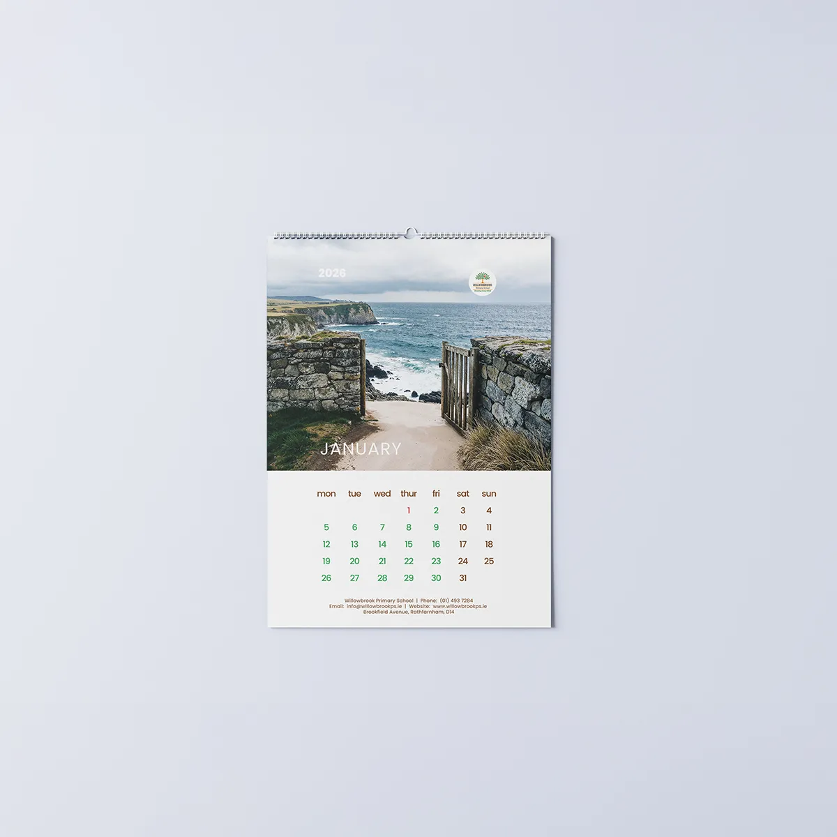 Wire bound landscape calendar with custom design