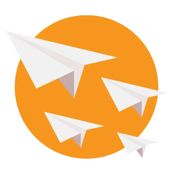 Branded paper mail airplanes representing direct mail and delivery services