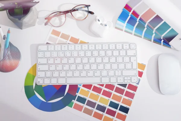 Top-down view of a graphic designer desk with keyboard and colour swatches