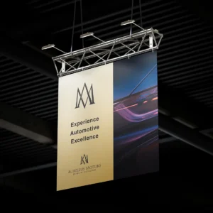 Custom PVC banner displayed at an exhibition or promotional event