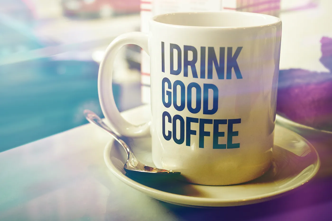 UV printed mug with text I drink good coffee for promotional gifting