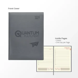 A5 Deluxe Diary with custom printed company logo featuring padded cover, ribbon marker, gilt edges and gold corners.
