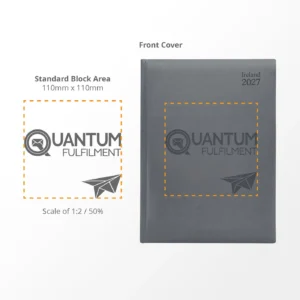 Printable branding area guide for the A5 Deluxe Diary showing the recommended logo print position.