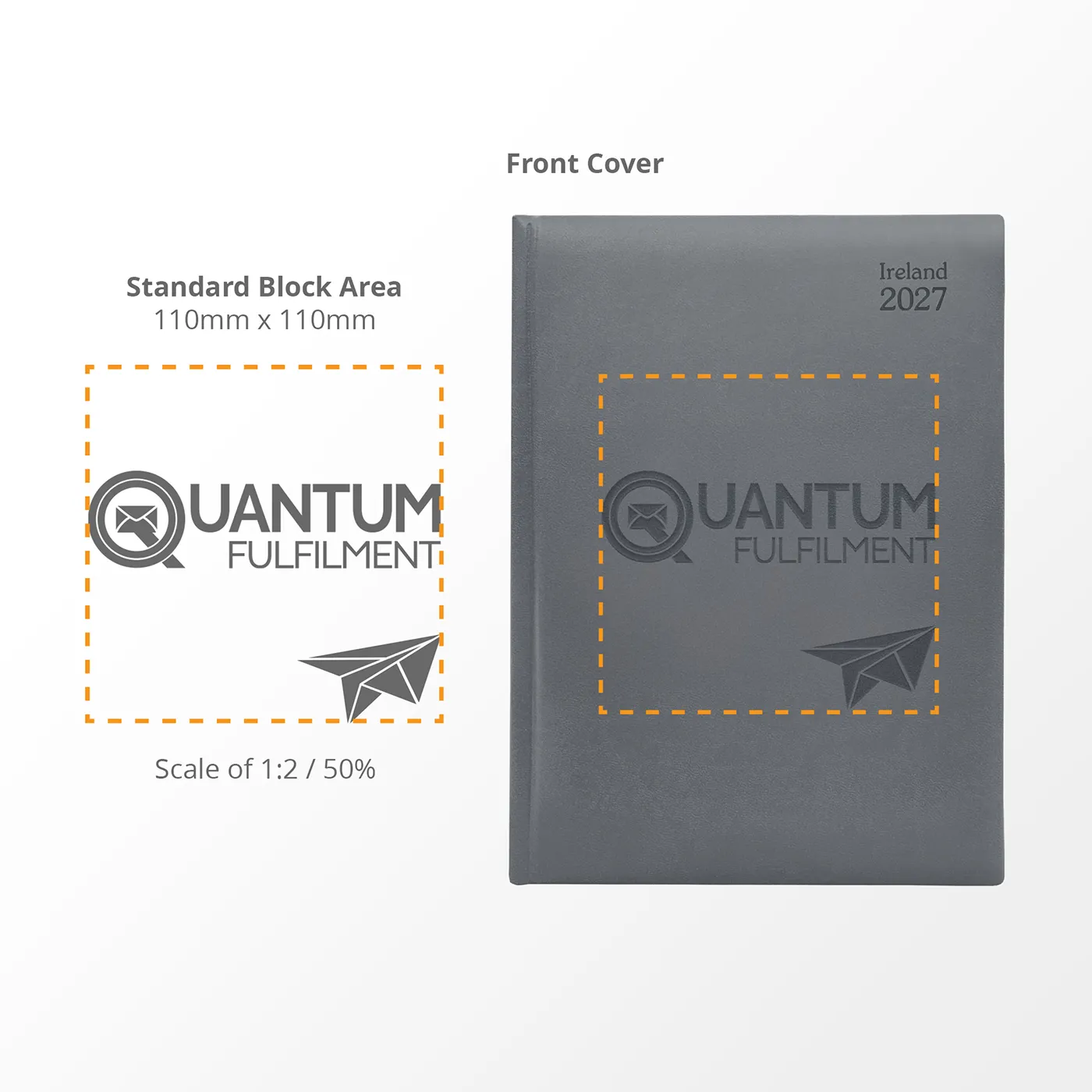 Printable branding area guide for the A5 Deluxe Diary showing the recommended logo print position.