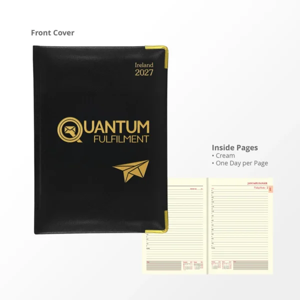 A5 Deluxe Diary with custom printed company logo featuring padded cover, ribbon marker, gilt edges and gold corners.