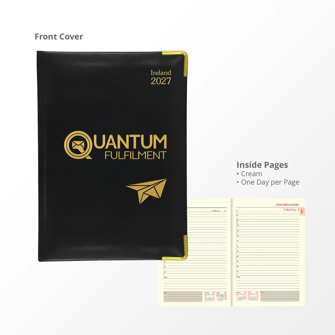 A5 Deluxe Diary with custom printed company logo featuring padded cover, ribbon marker, gilt edges and gold corners.