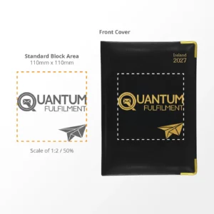 Printable branding area guide for the A5 Deluxe Diary showing the recommended logo print position.