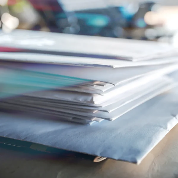 Pile of direct mail envelopes on a desk
